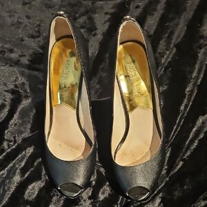 Michael Kors Black Peep Toe Heels with Gold Accents